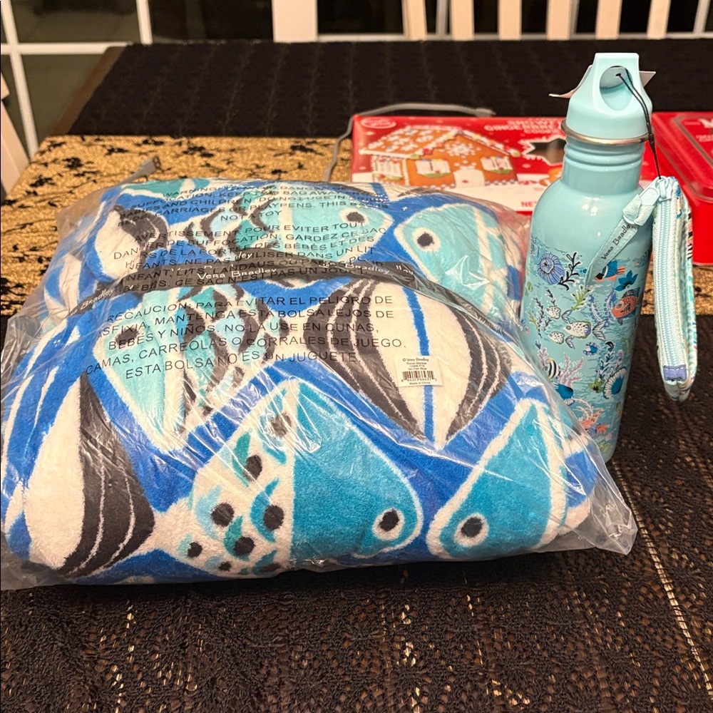 Vera Bradley Go Fish blue 80x50 throw & tumbler coin purse Antilles treasure NWT